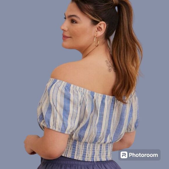 5X 28W Torrid Blue Stripe Linen Blend Smocked Waist Off Shoulder Crop Top Puff - Picture 2 of 7